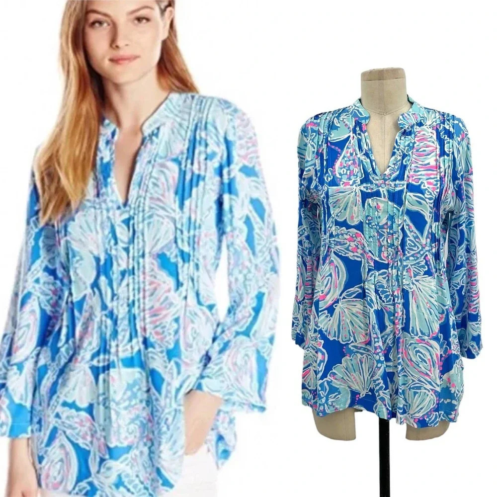 Lilly Pulitzer Sarasota Tunic Top Bay Blue Into the Deep Seashell Print Size XS